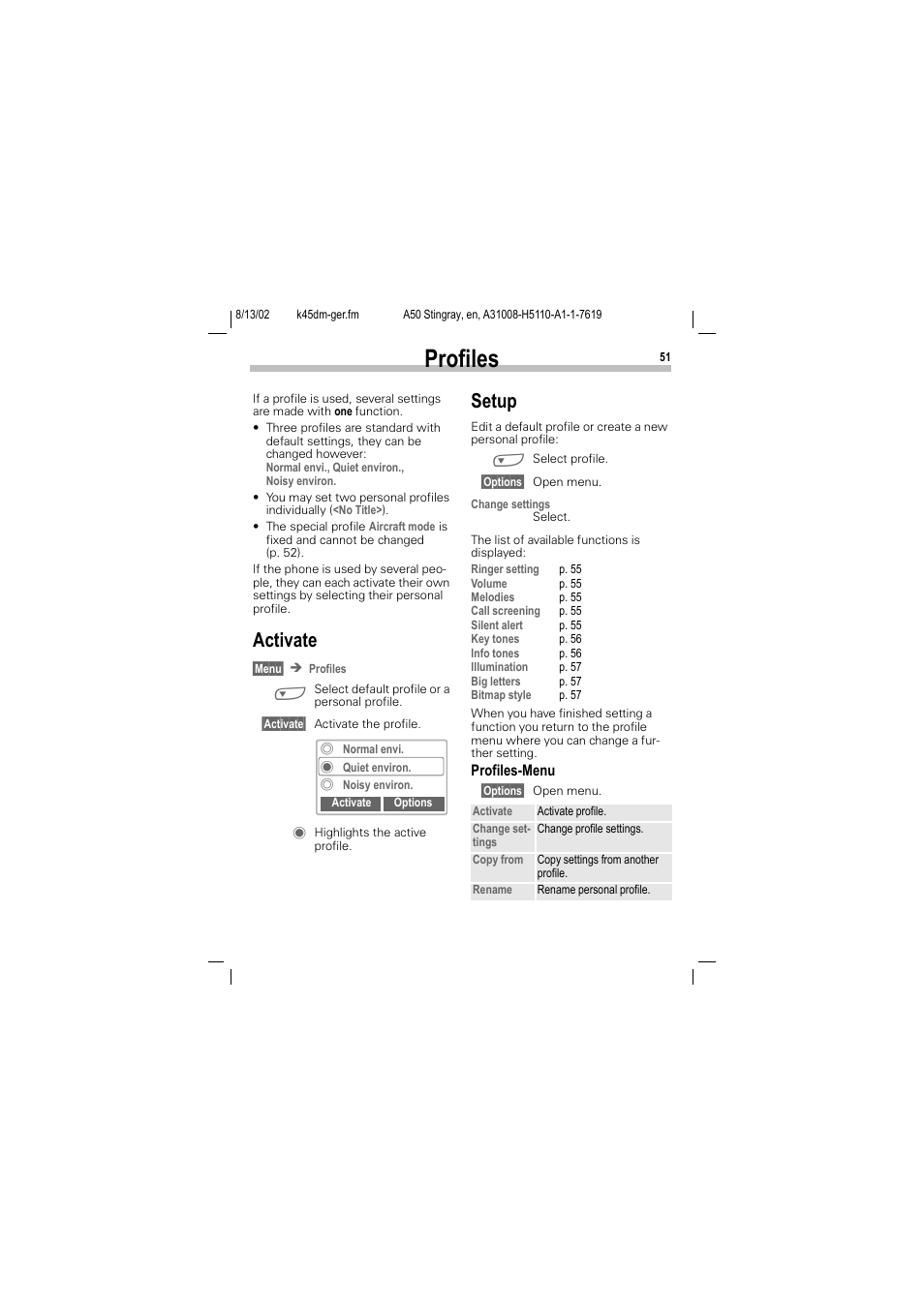 Profiles, Setup, Activate | Siemens A50 User Manual | Page 52 / 77