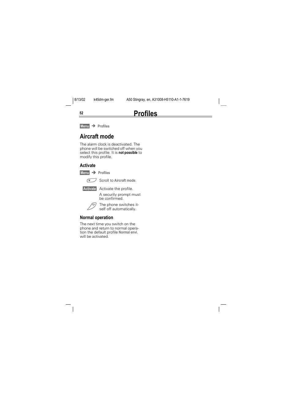 Aircraft mode, P. 52), Profiles | Siemens A50 User Manual | Page 53 / 77
