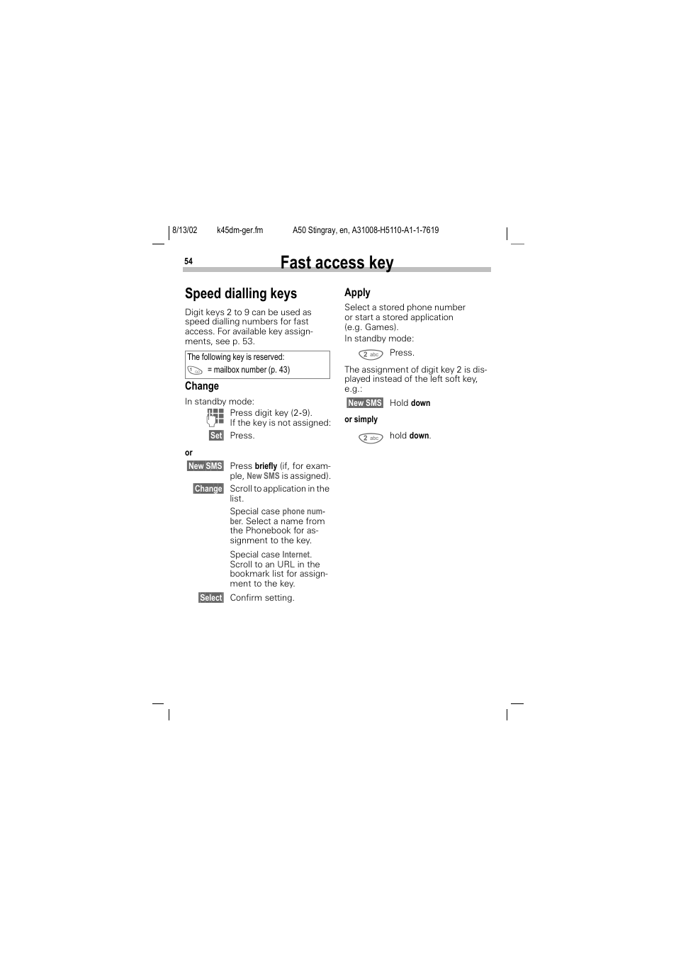 Speed dialling keys, Fast access key | Siemens A50 User Manual | Page 55 / 77