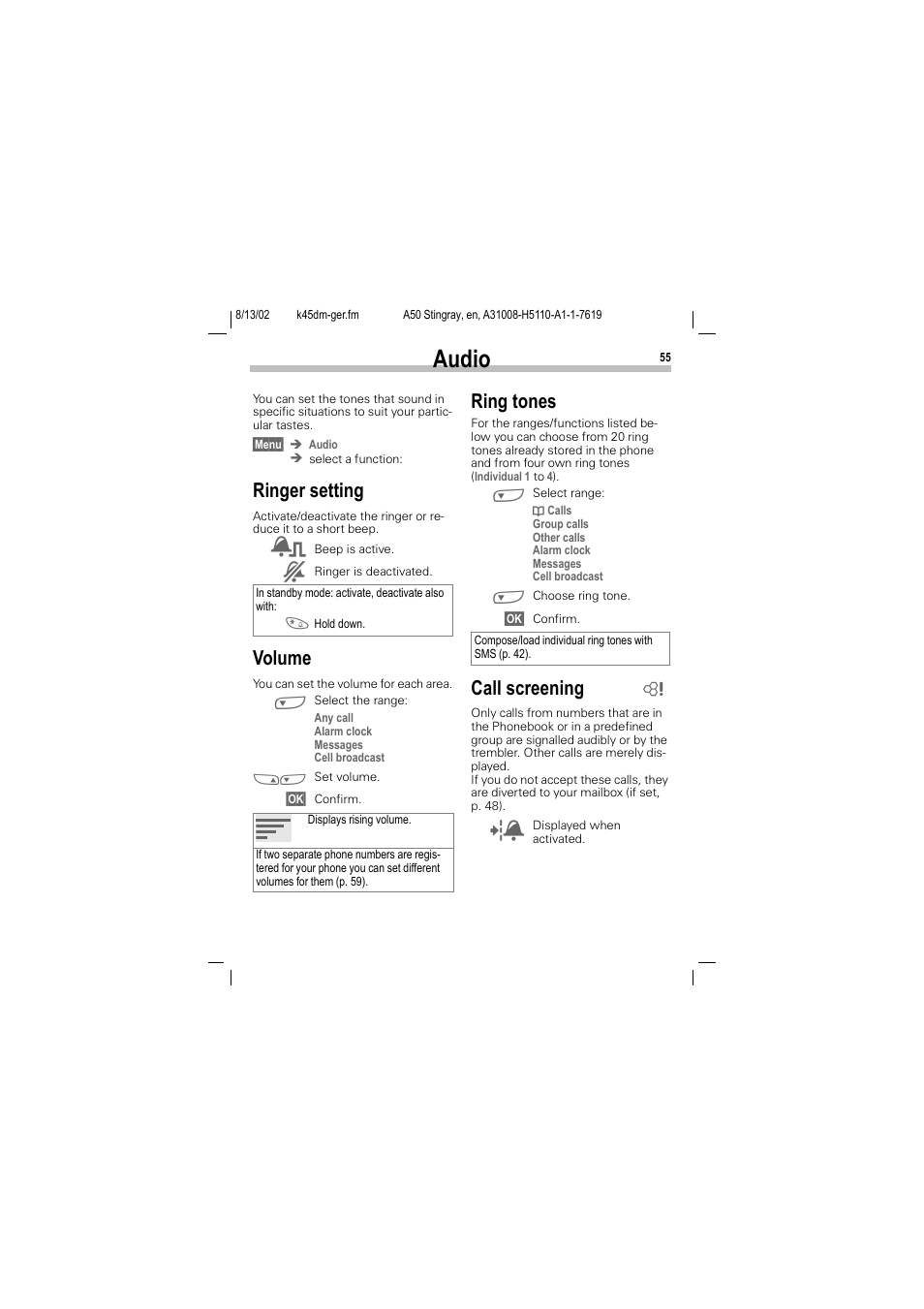 Audio, Ringer setting, Volume | Call screening, Ringer setting volume ring tones call screening, P. 55), P. 55, Ring tones | Siemens A50 User Manual | Page 56 / 77