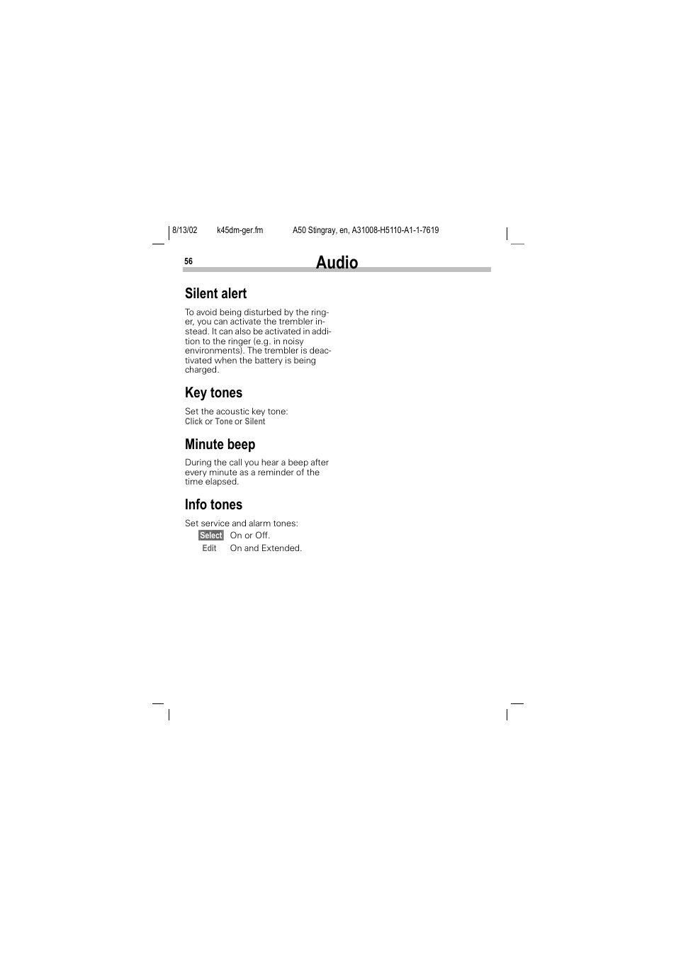 Silent alert, Key tones, Minute beep | Info tones, Silent alert key tones minute beep info tones, P. 56, Audio | Siemens A50 User Manual | Page 57 / 77