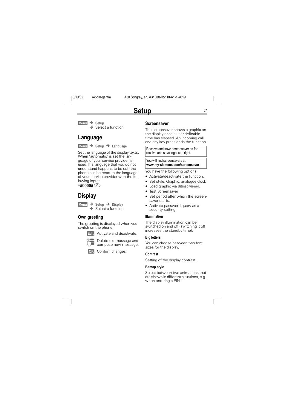 Setup, Language, Display | Language display, P. 57 | Siemens A50 User Manual | Page 58 / 77