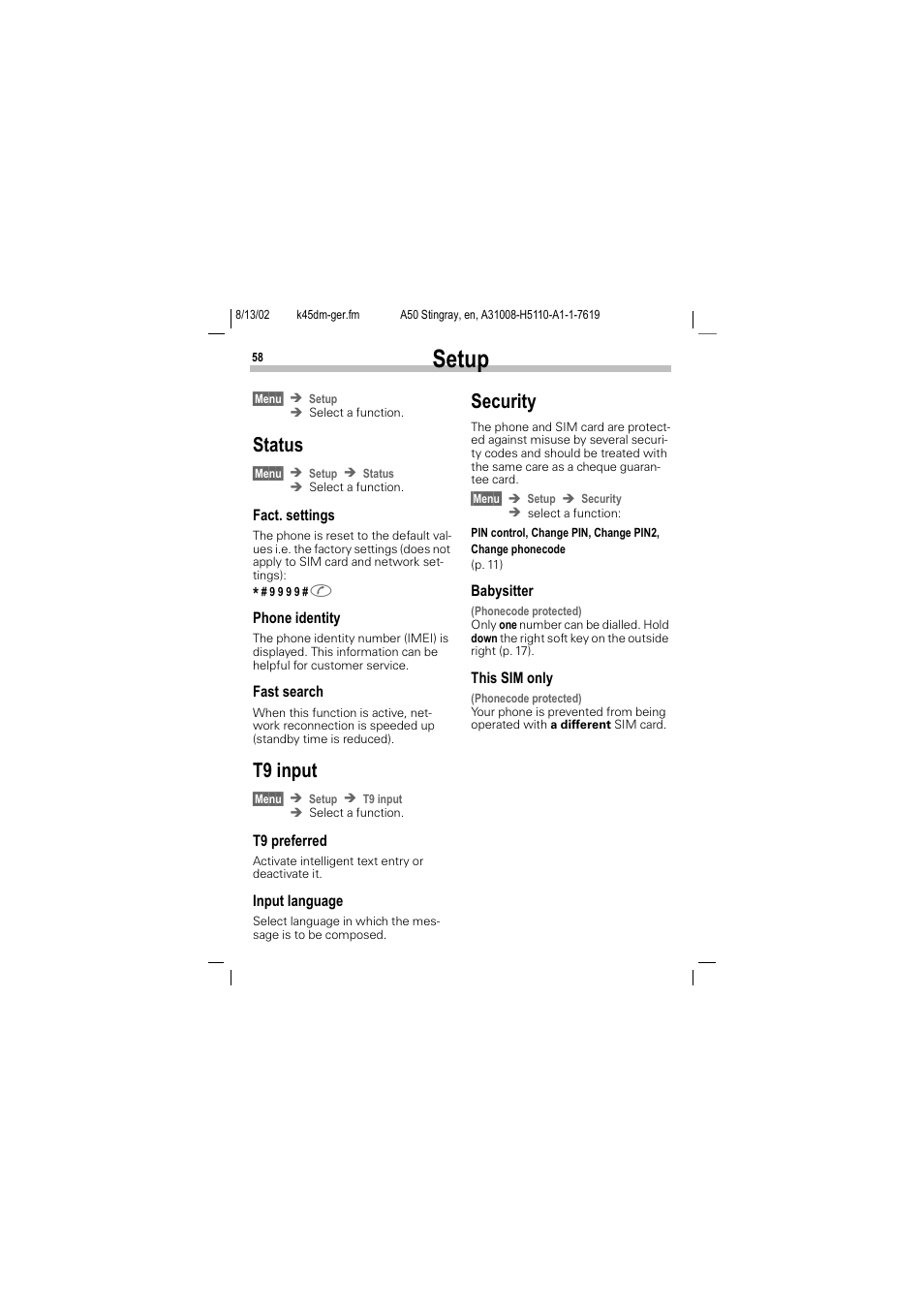 Status, T9 input, Security | Status t9 input security, Setup | Siemens A50 User Manual | Page 59 / 77