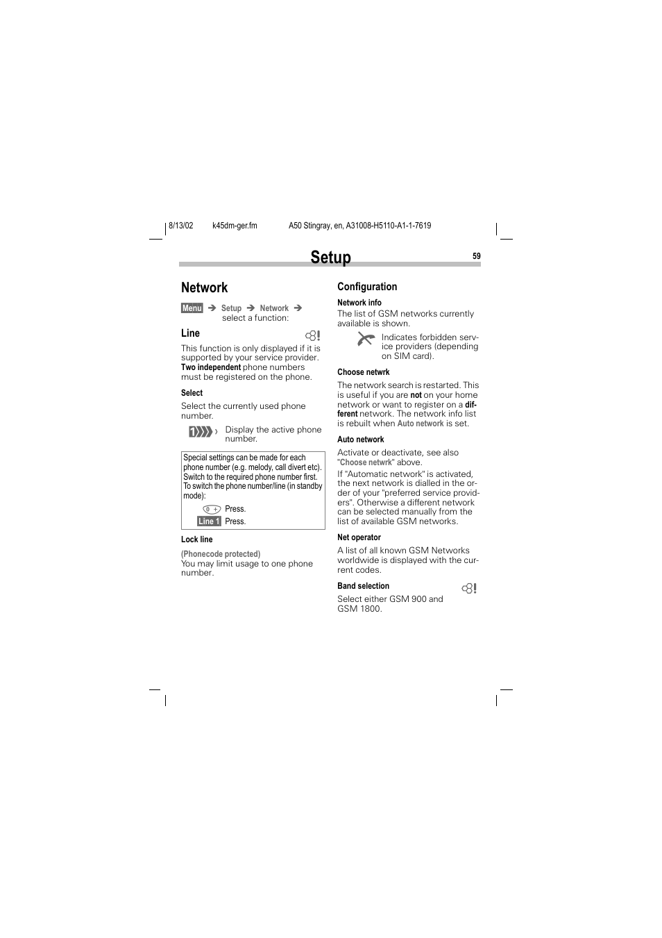 Network, Work (p. 59), Setup | Siemens A50 User Manual | Page 60 / 77