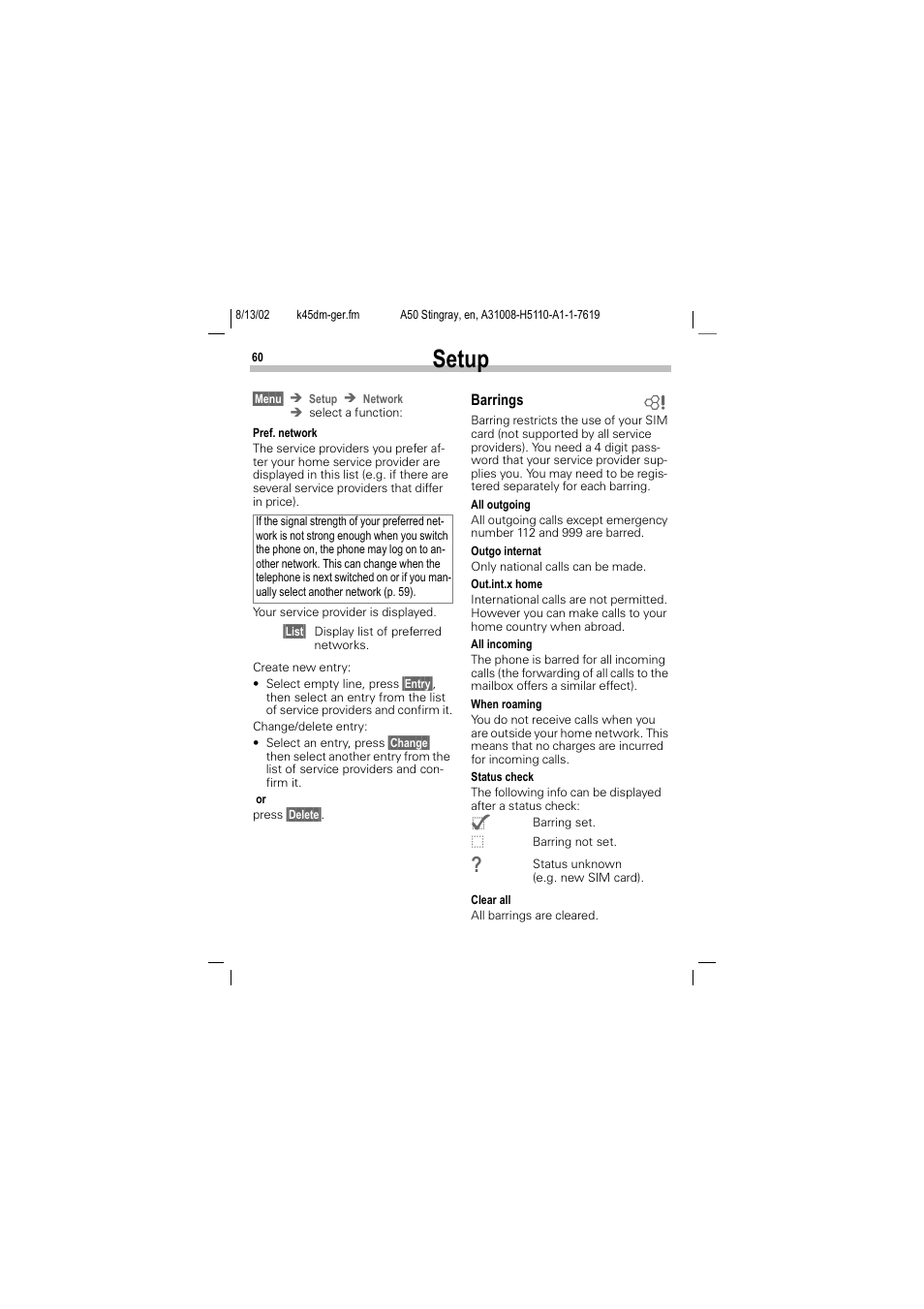 Setup | Siemens A50 User Manual | Page 61 / 77