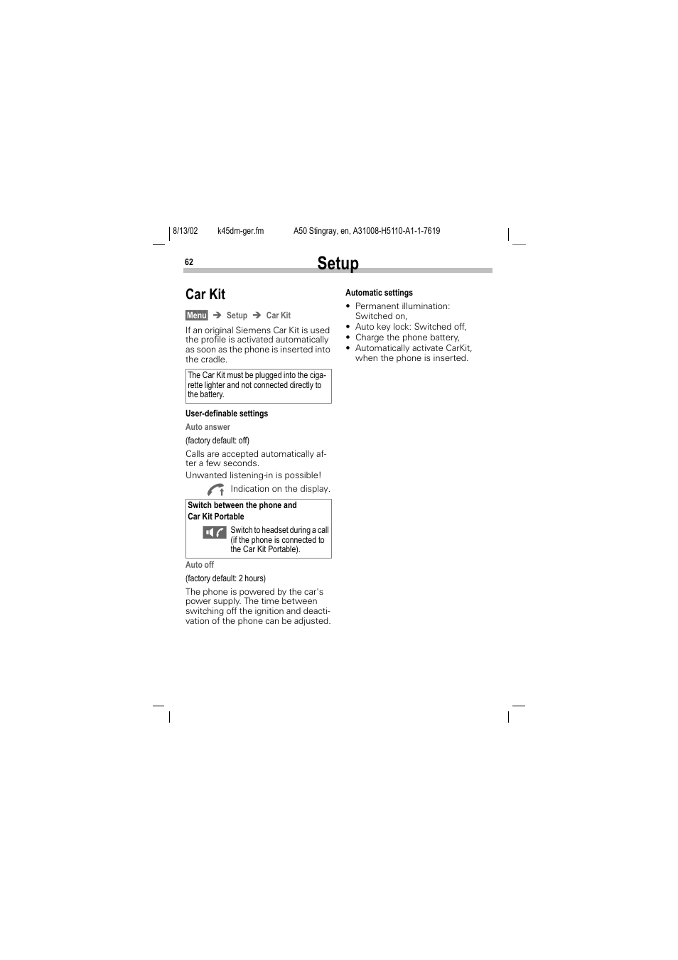 Car kit, Setup | Siemens A50 User Manual | Page 63 / 77