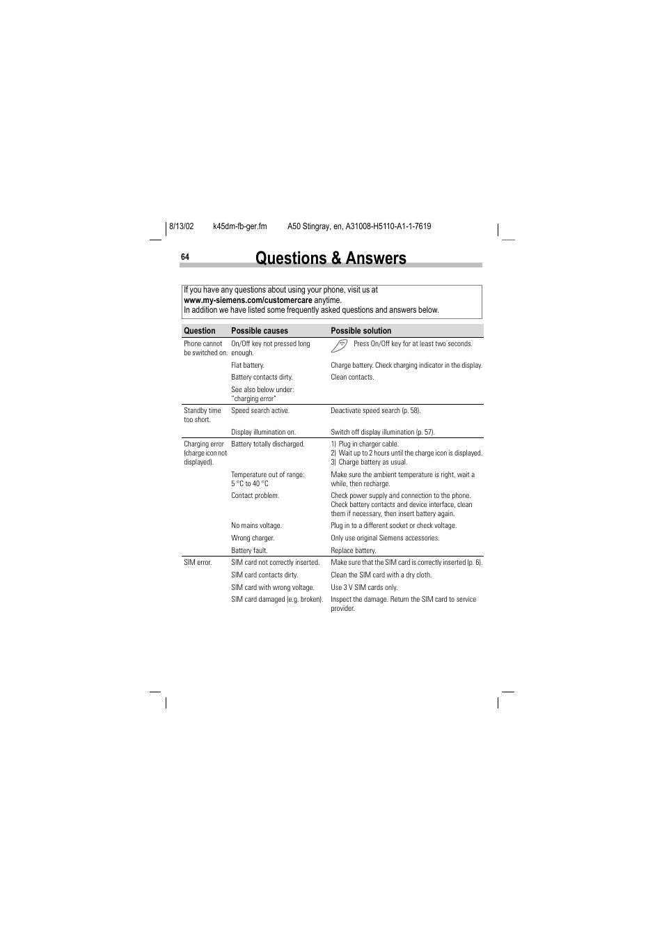 Questions & answers, P. 64) | Siemens A50 User Manual | Page 65 / 77