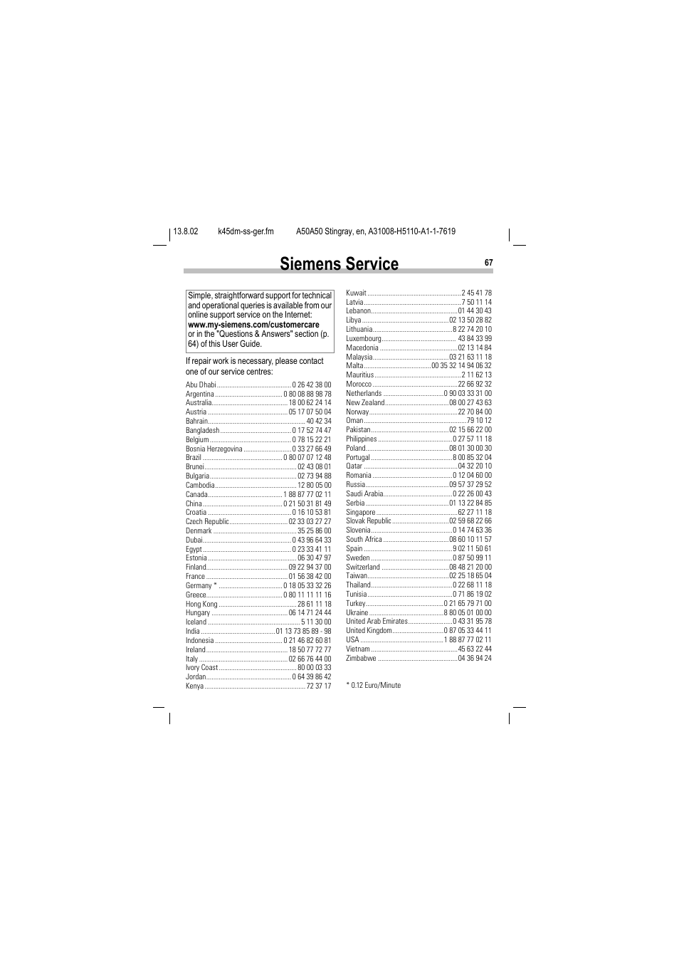 Siemens service | Siemens A50 User Manual | Page 68 / 77