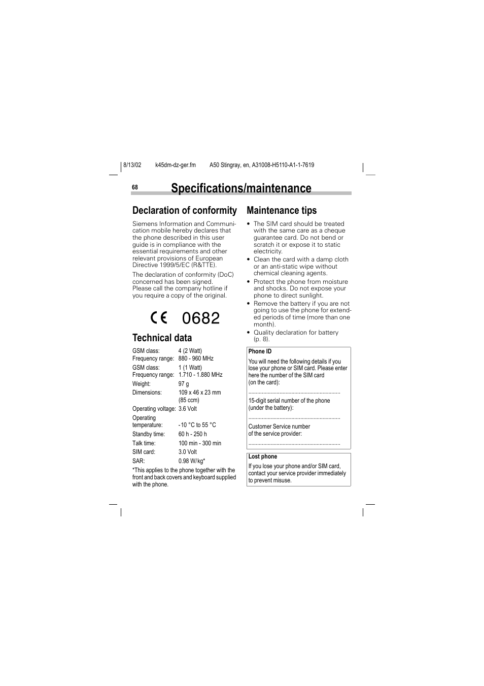 Specifications/maintenance, Declaration of conformity, Technical data | Maintenance tips | Siemens A50 User Manual | Page 69 / 77