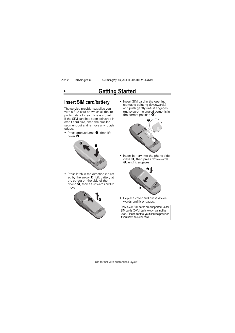 Insert sim card/battery, Getting started | Siemens A50 User Manual | Page 7 / 77