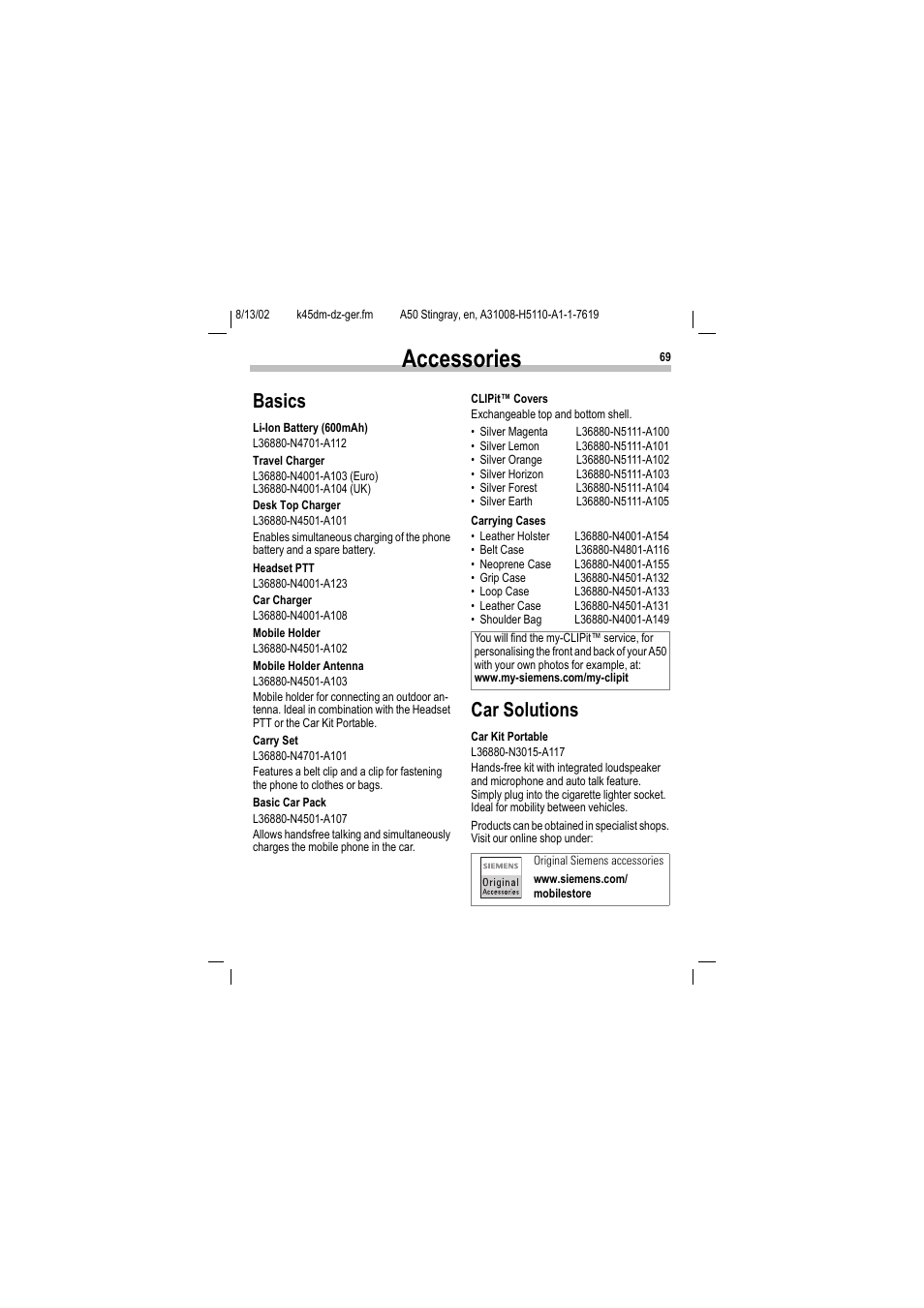 Accessories, Basics car solutions, Basics | Car solutions | Siemens A50 User Manual | Page 70 / 77