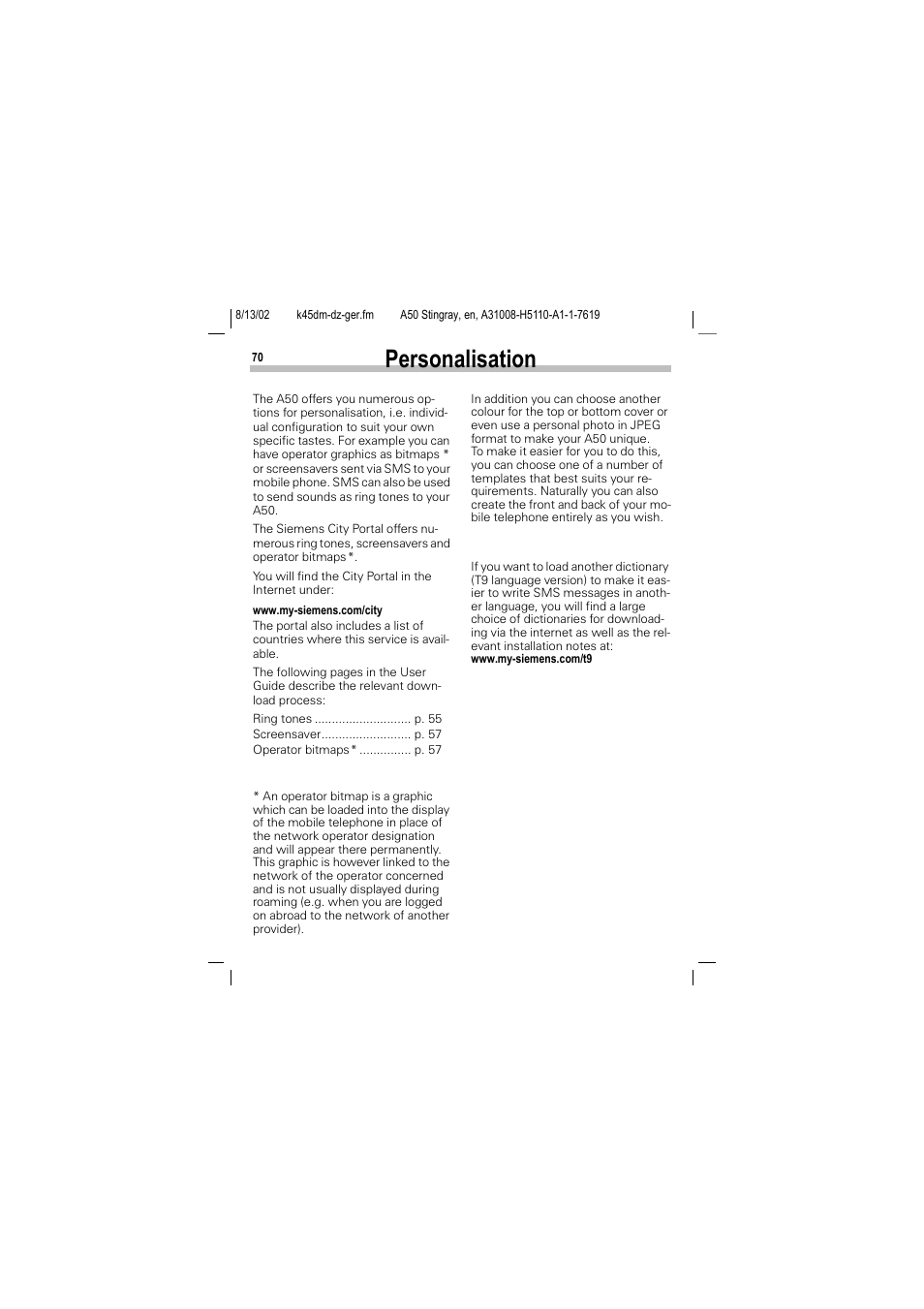 Personalisation | Siemens A50 User Manual | Page 71 / 77