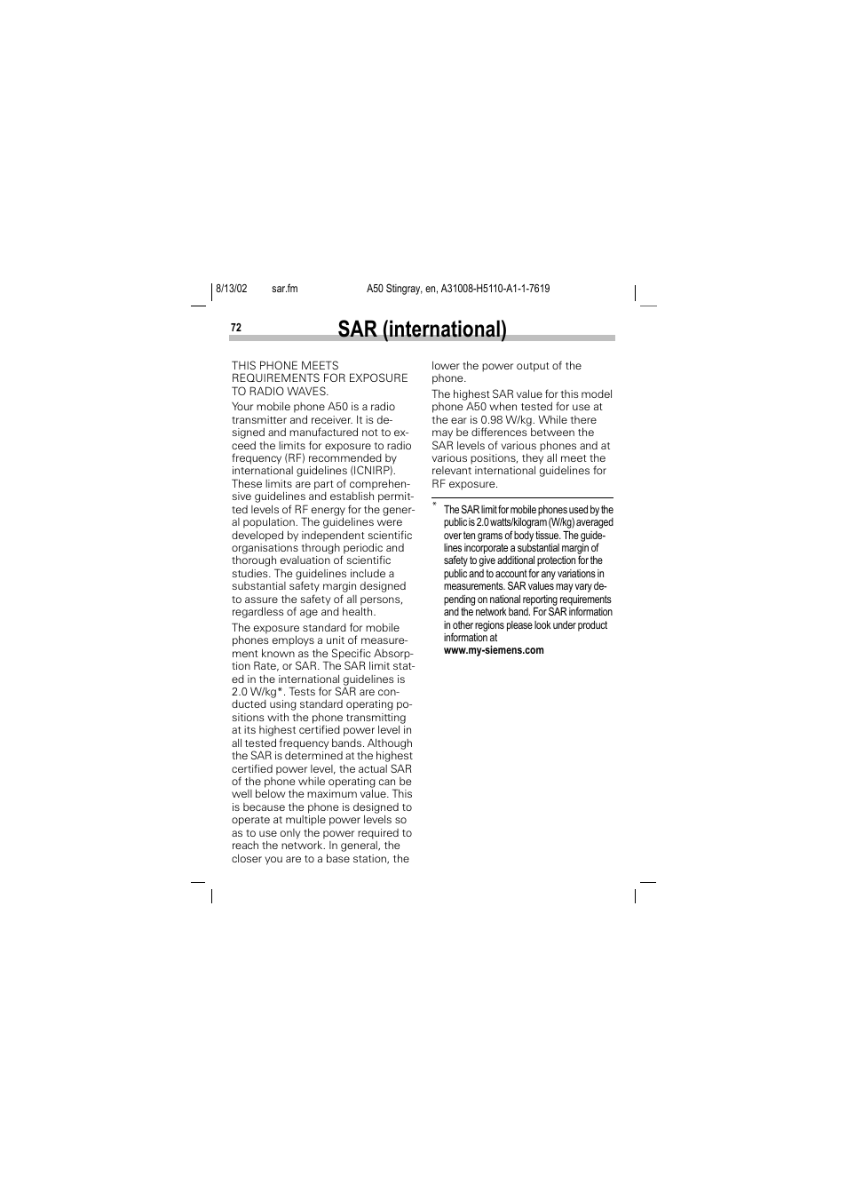 Sar (international) | Siemens A50 User Manual | Page 73 / 77