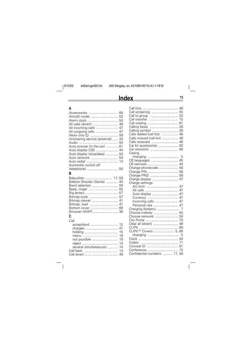 Index | Siemens A50 User Manual | Page 74 / 77