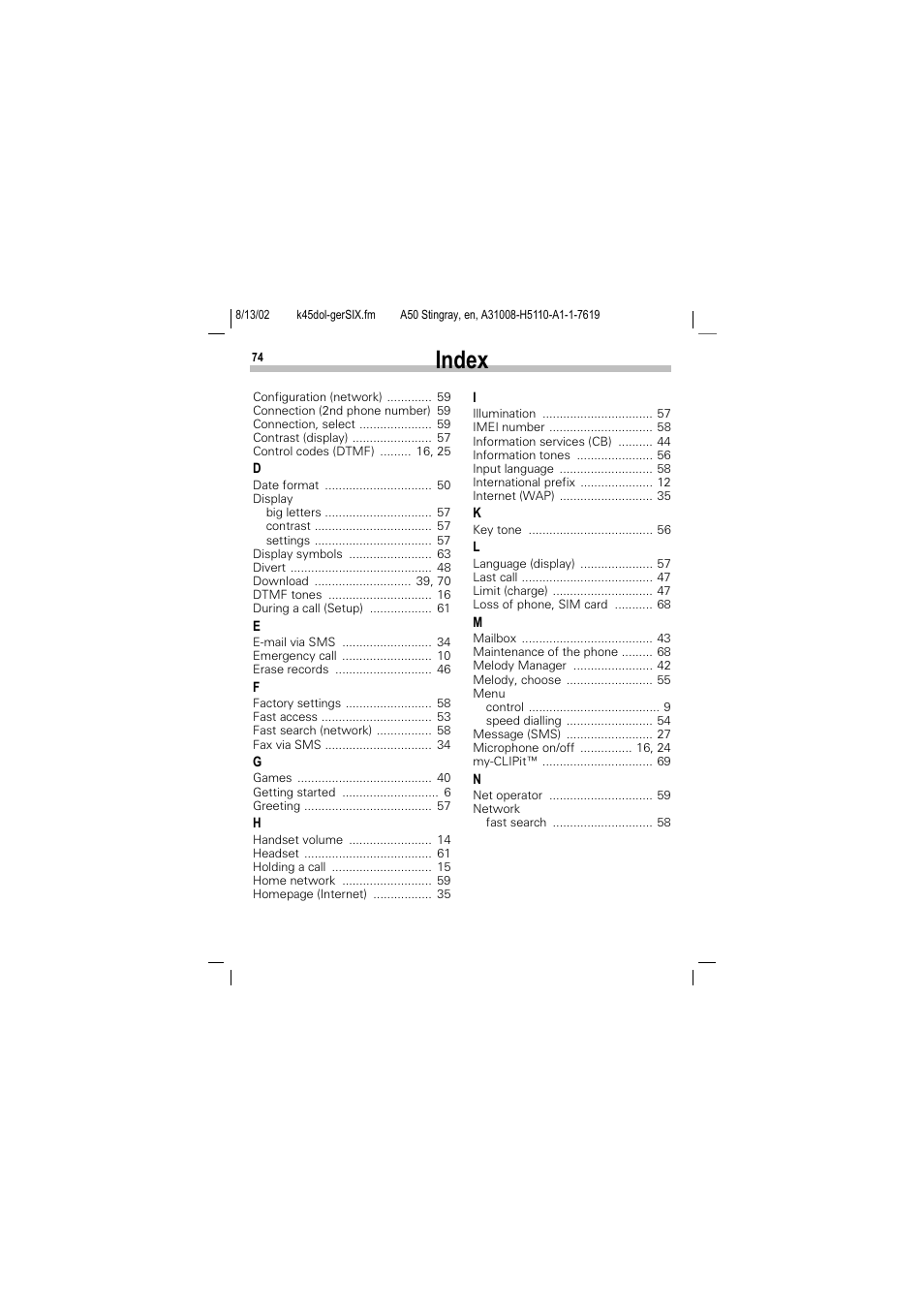 Index | Siemens A50 User Manual | Page 75 / 77