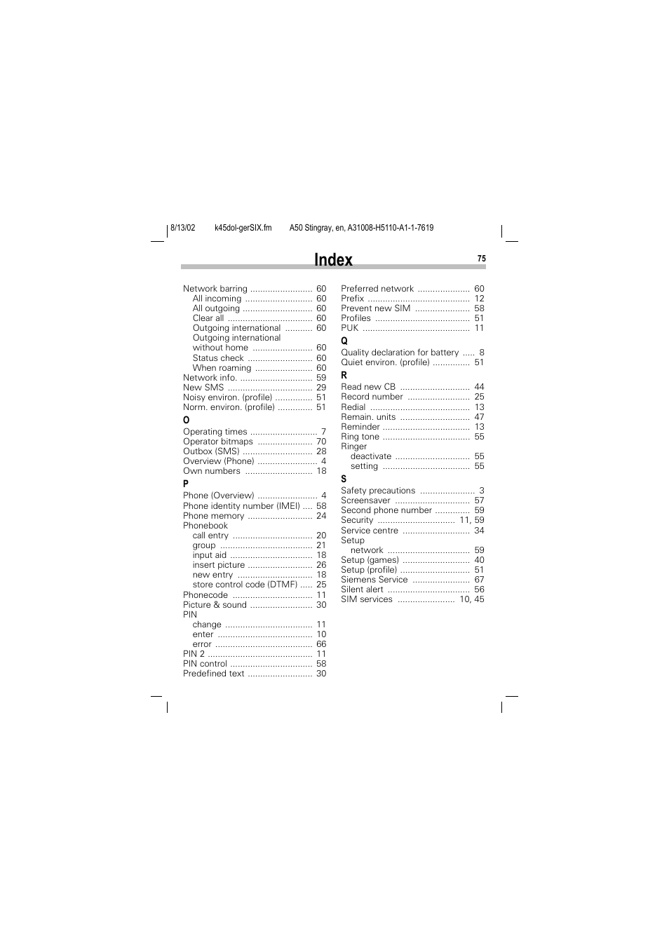 Index | Siemens A50 User Manual | Page 76 / 77