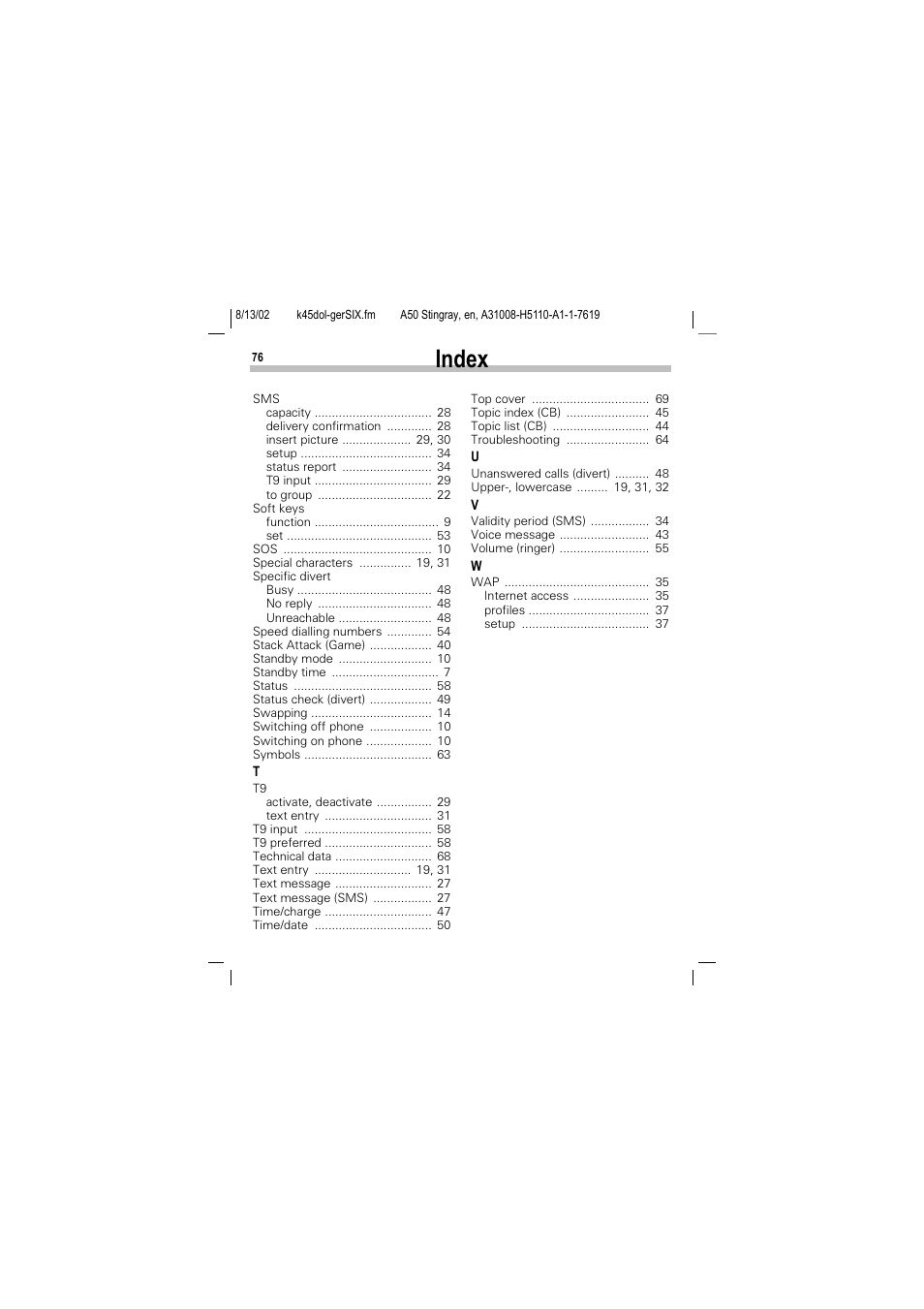 Index | Siemens A50 User Manual | Page 77 / 77