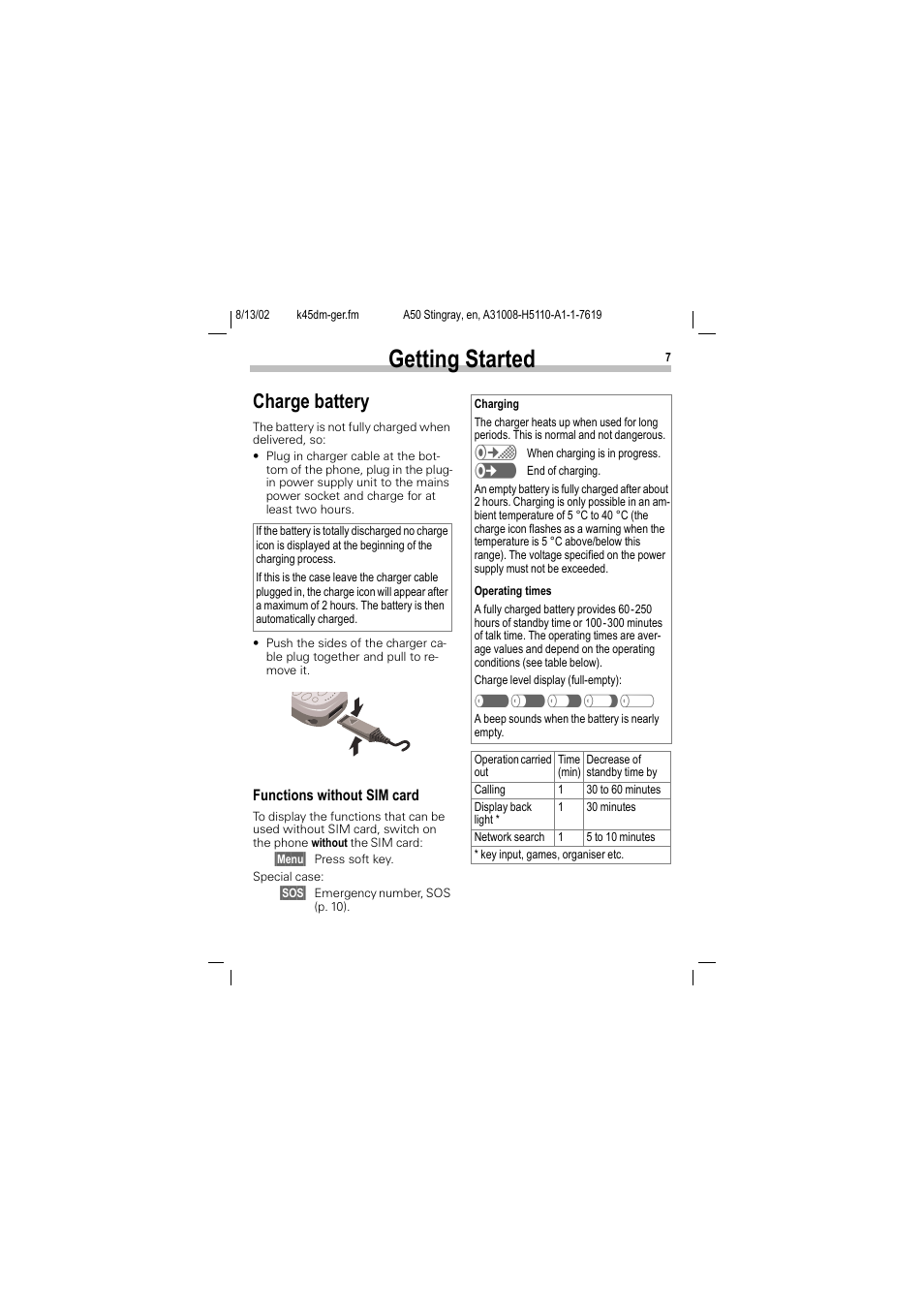 Charge battery, Getting started | Siemens A50 User Manual | Page 8 / 77