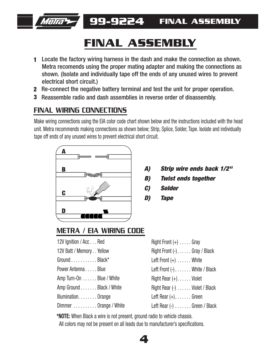 Final assembly, Metra / eia wiring code final wiring connections | Metra Electronics 99-9224 User Manual | Page 6 / 8