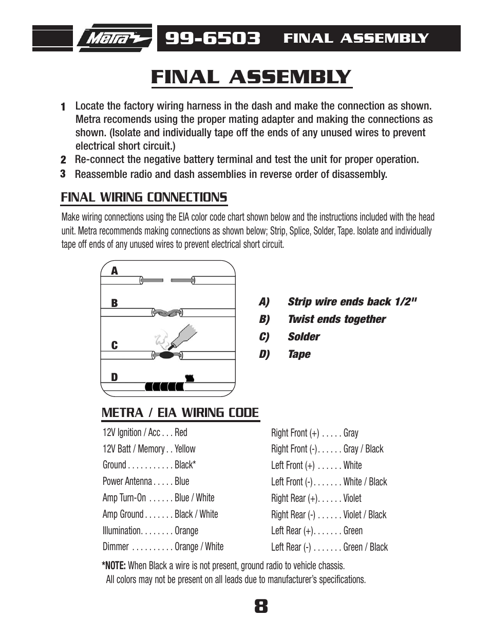 Final assembly, Metra / eia wiring code final wiring connections | Metra Electronics AW-512CR User Manual | Page 10 / 20