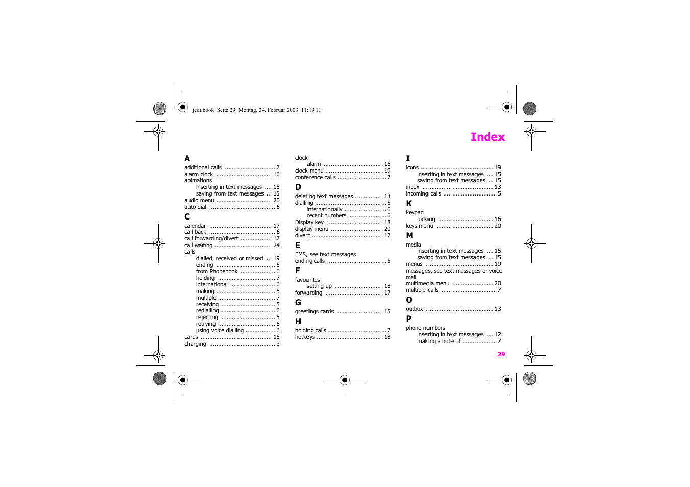 Index | Siemens Xelibri 4 User Manual | Page 30 / 31