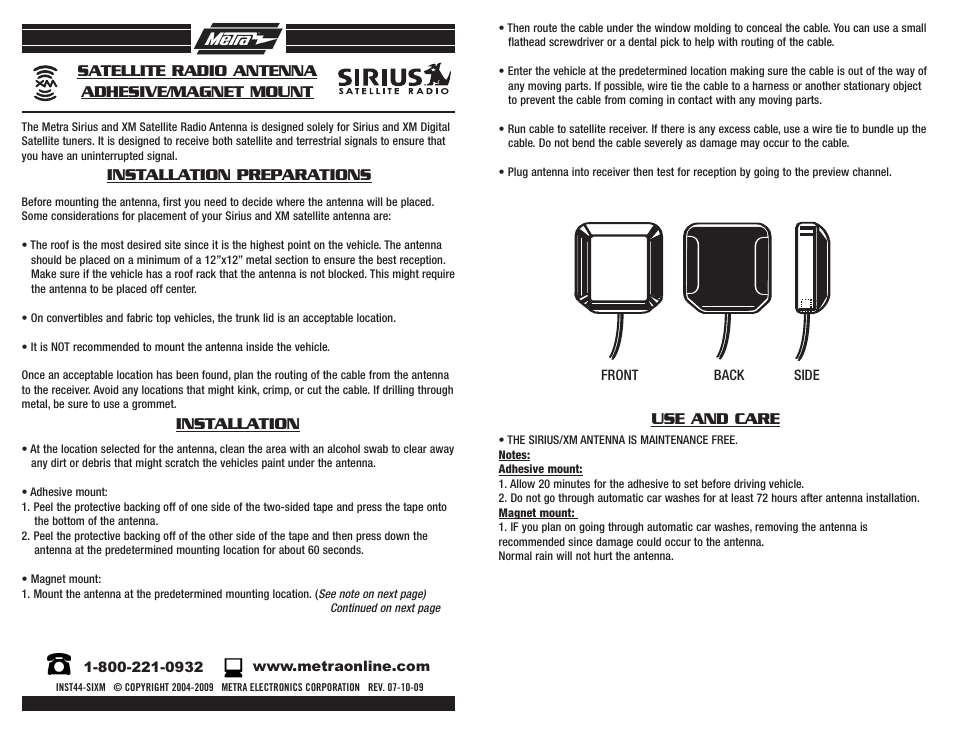 Metra Electronics Satellite Radio User Manual | 1 page