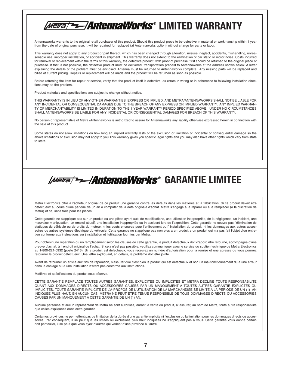 Limited warranty, Garantie limitee | Metra Electronics AW-PW22 User Manual | Page 7 / 8