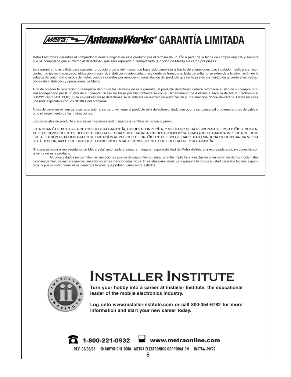Nstaller, Nstitute, Garantia limitada | Metra Electronics AW-PW22 User Manual | Page 8 / 8
