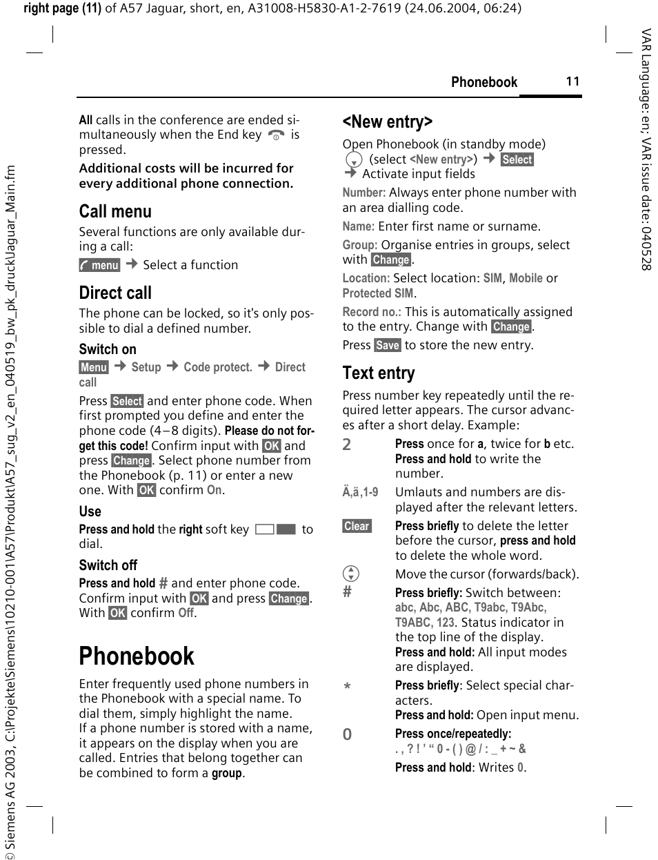 Phonebook, New entry, Text entry | Call menu, Direct call | Siemens A57 User Manual | Page 12 / 37