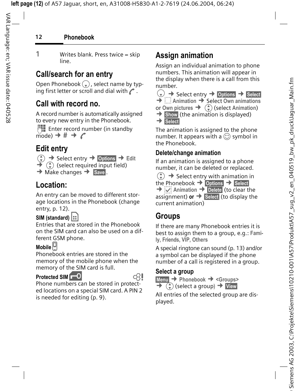 Call/search for an entry, Call with record no, Edit entry | Assign animation, Groups, Location | Siemens A57 User Manual | Page 13 / 37