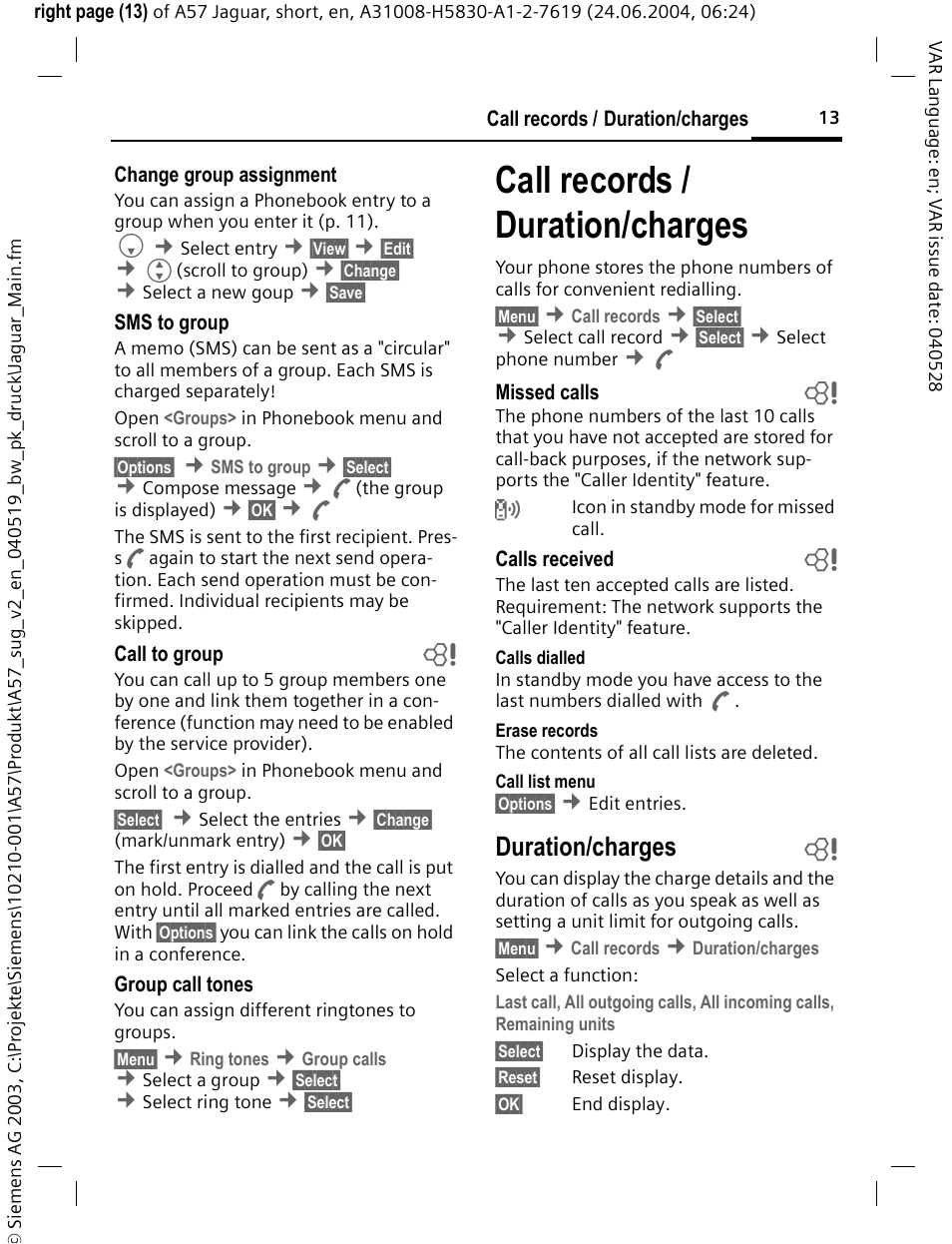 Call records / duration/charges, Call records /duration/charges, Call records / duration/charges | Duration/charges b | Siemens A57 User Manual | Page 14 / 37