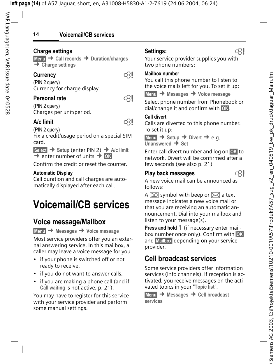 Voicemail/cb services, Voice message/mailbox, Cell broadcast services | Siemens A57 User Manual | Page 15 / 37