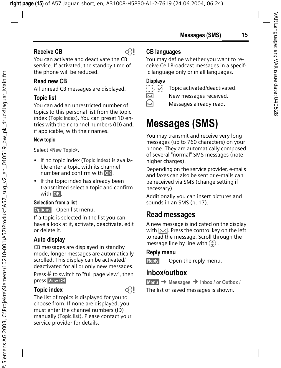 Messages (sms), Read messages, Inbox/outbox | Siemens A57 User Manual | Page 16 / 37