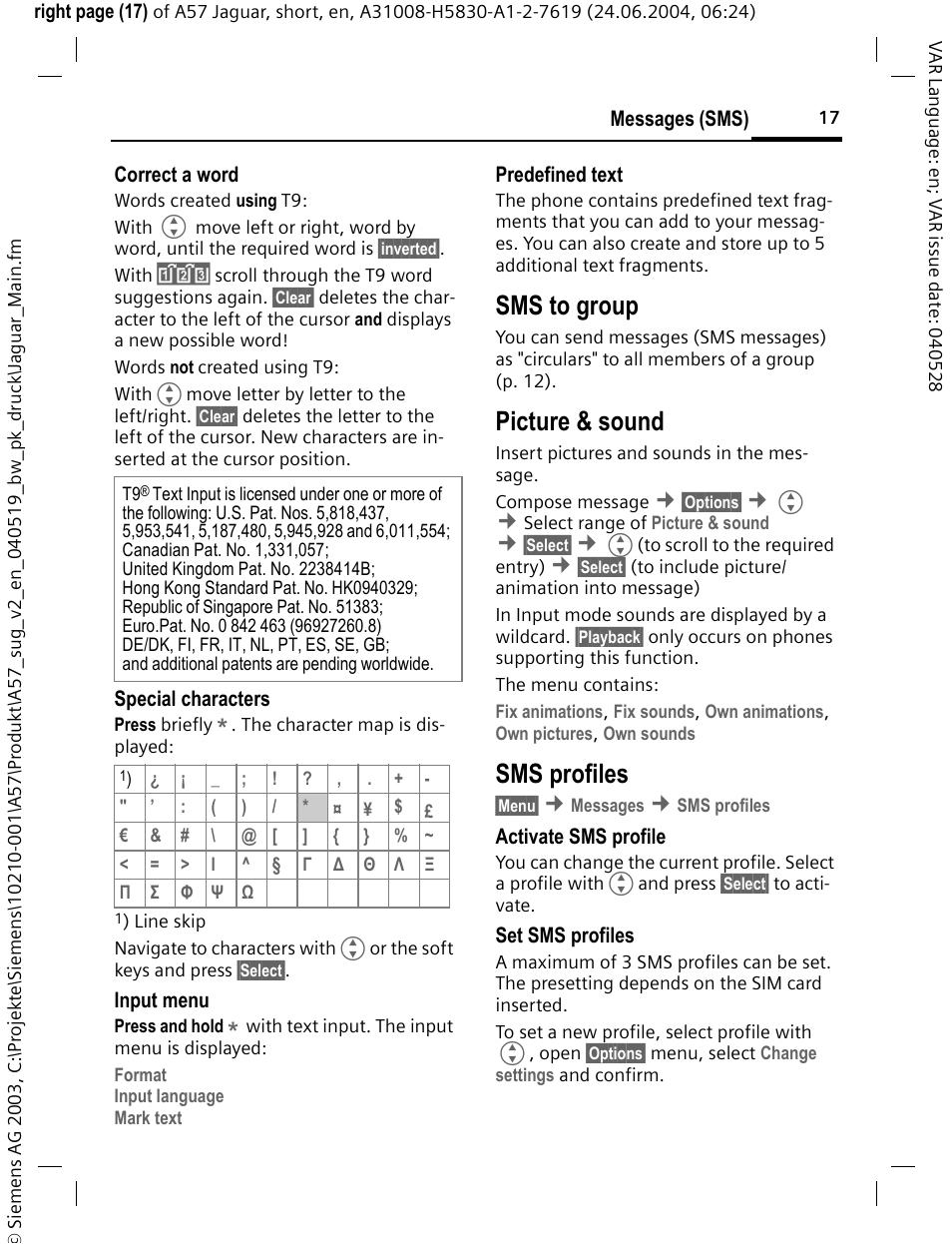 Sms to group, Picture & sound, Sms profiles | Siemens A57 User Manual | Page 18 / 37