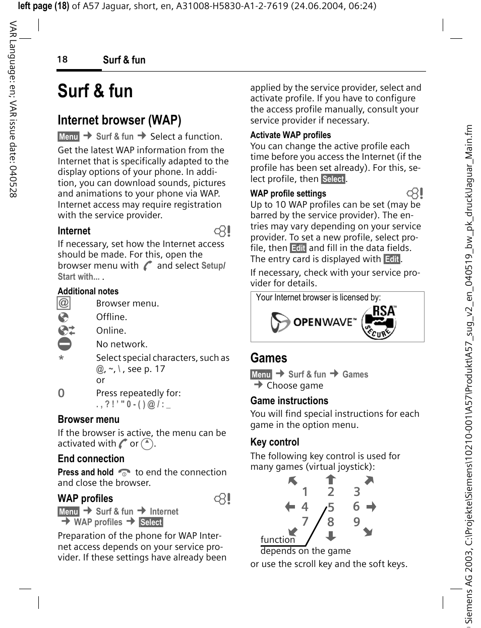Surf & fun, Internet browser (wap), Games | Siemens A57 User Manual | Page 19 / 37