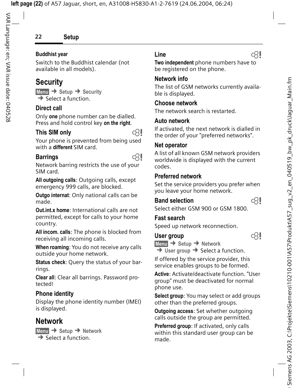 Security, Network | Siemens A57 User Manual | Page 23 / 37