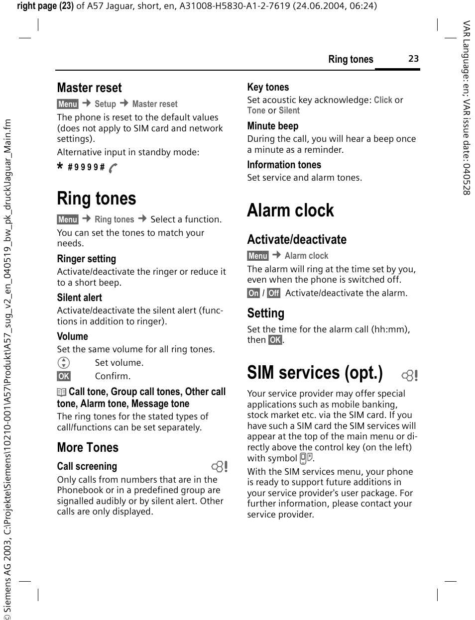 Master reset, Ring tones, Alarm clock | Sim services (opt.) b, Sim services (opt.), P. 23), More tones, Activate/deactivate, Setting | Siemens A57 User Manual | Page 24 / 37