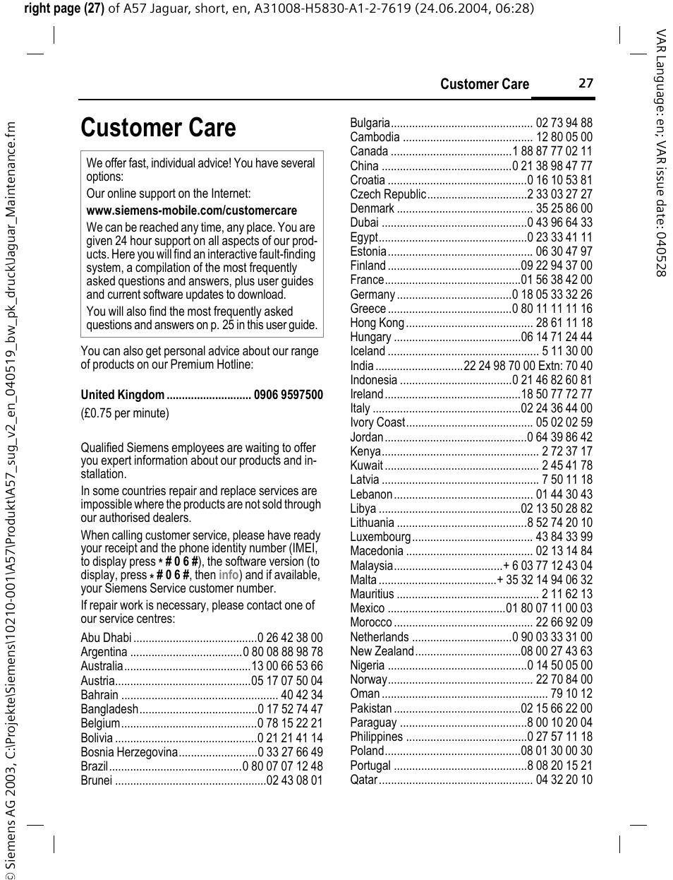Customer care, Ens service (p. 27) | Siemens A57 User Manual | Page 28 / 37