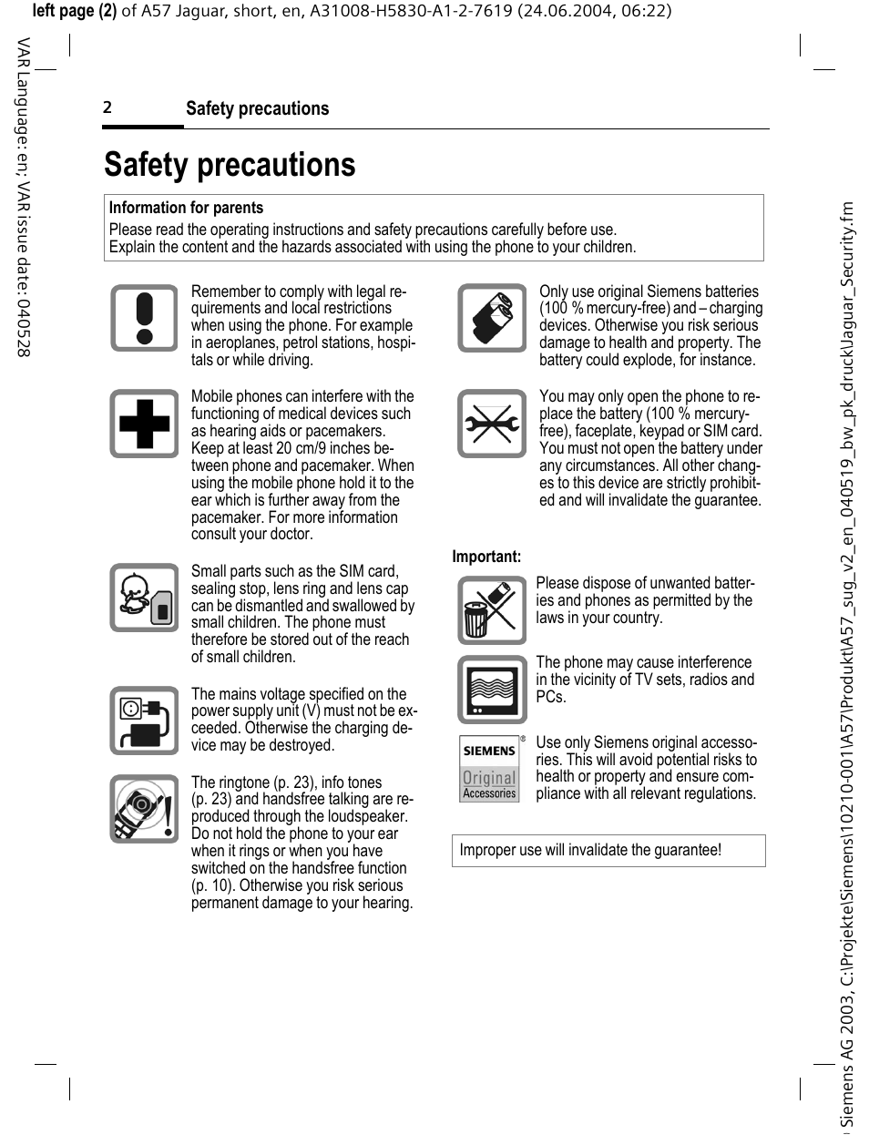 Safety precautions | Siemens A57 User Manual | Page 3 / 37