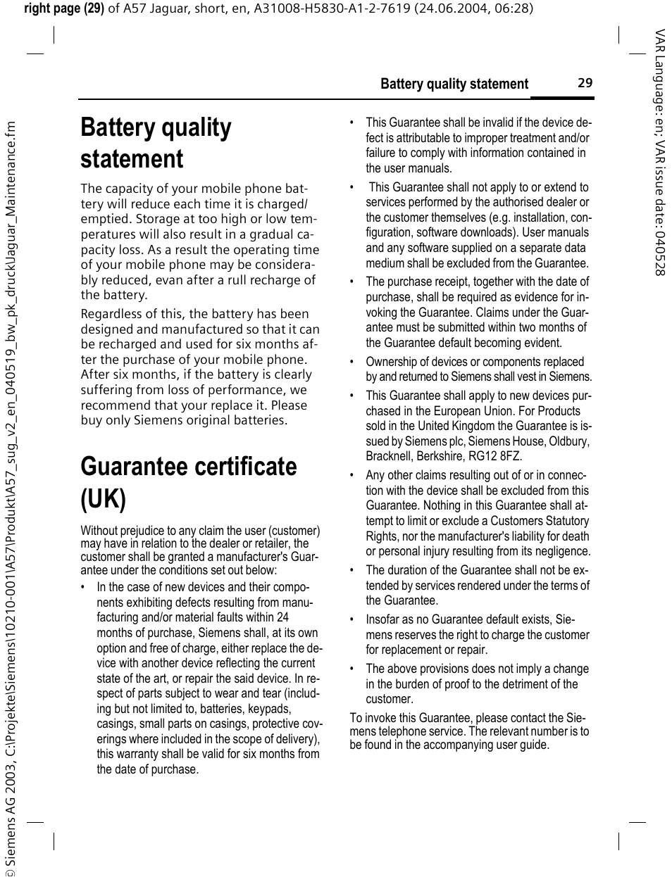 Battery quality statement, Guarantee certificate (uk) | Siemens A57 User Manual | Page 30 / 37