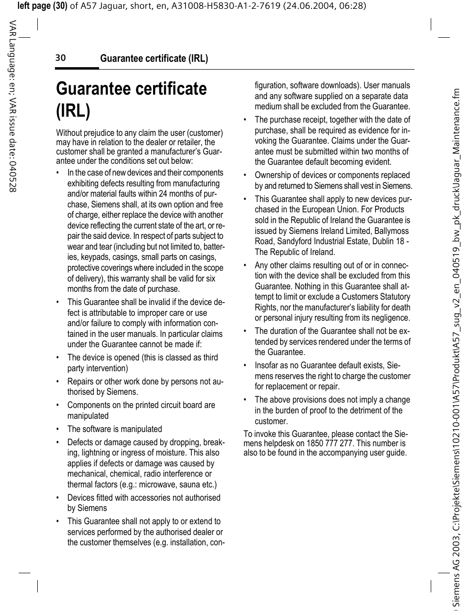 Guarantee certificate (irl) | Siemens A57 User Manual | Page 31 / 37
