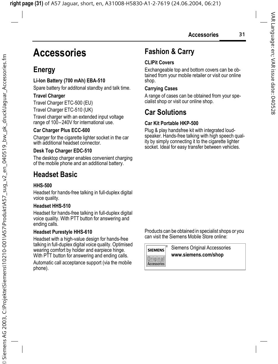 Accessories, Energy, Headset basic | Fashion & carry, Car solutions | Siemens A57 User Manual | Page 32 / 37