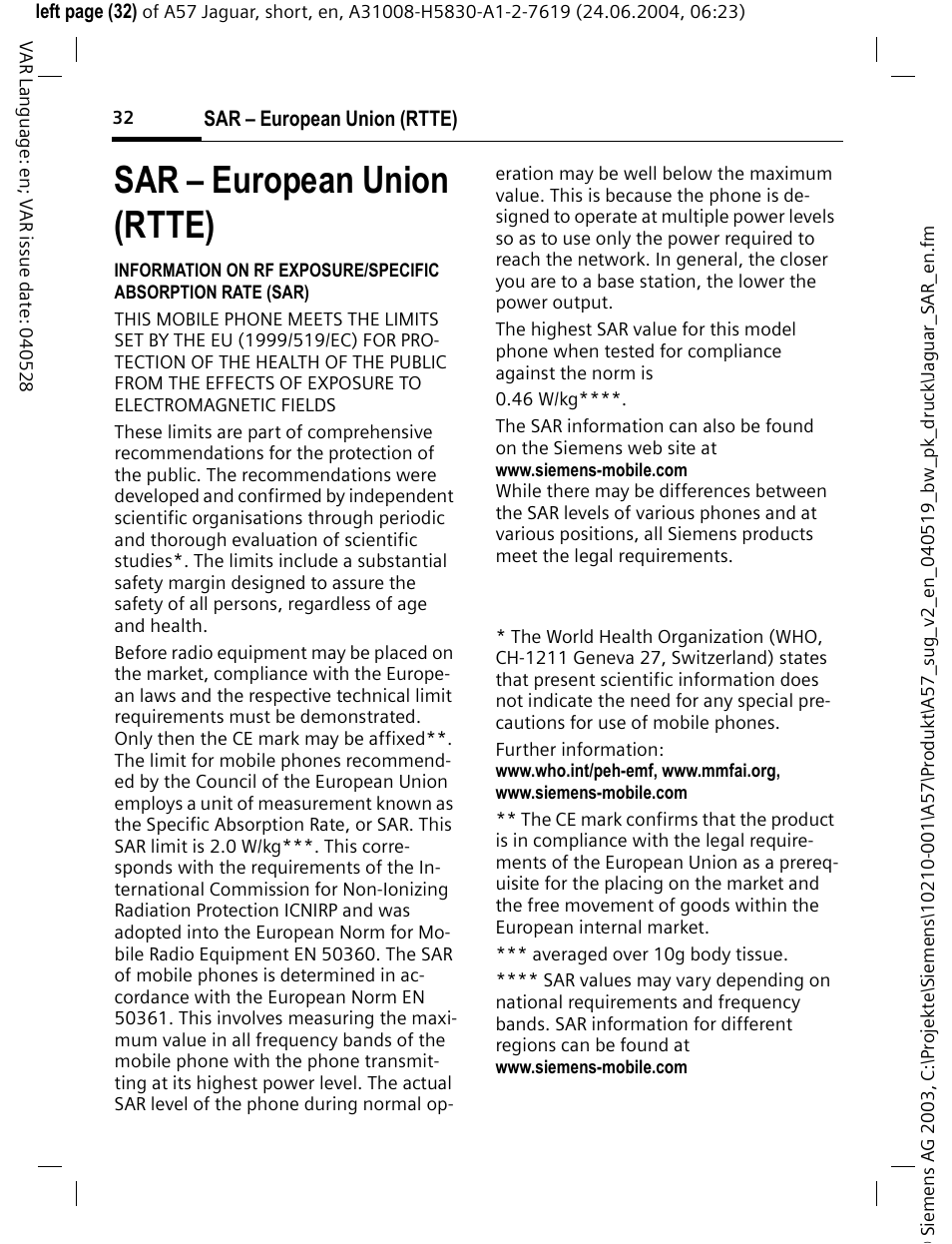 Sar – european union (rtte) | Siemens A57 User Manual | Page 33 / 37