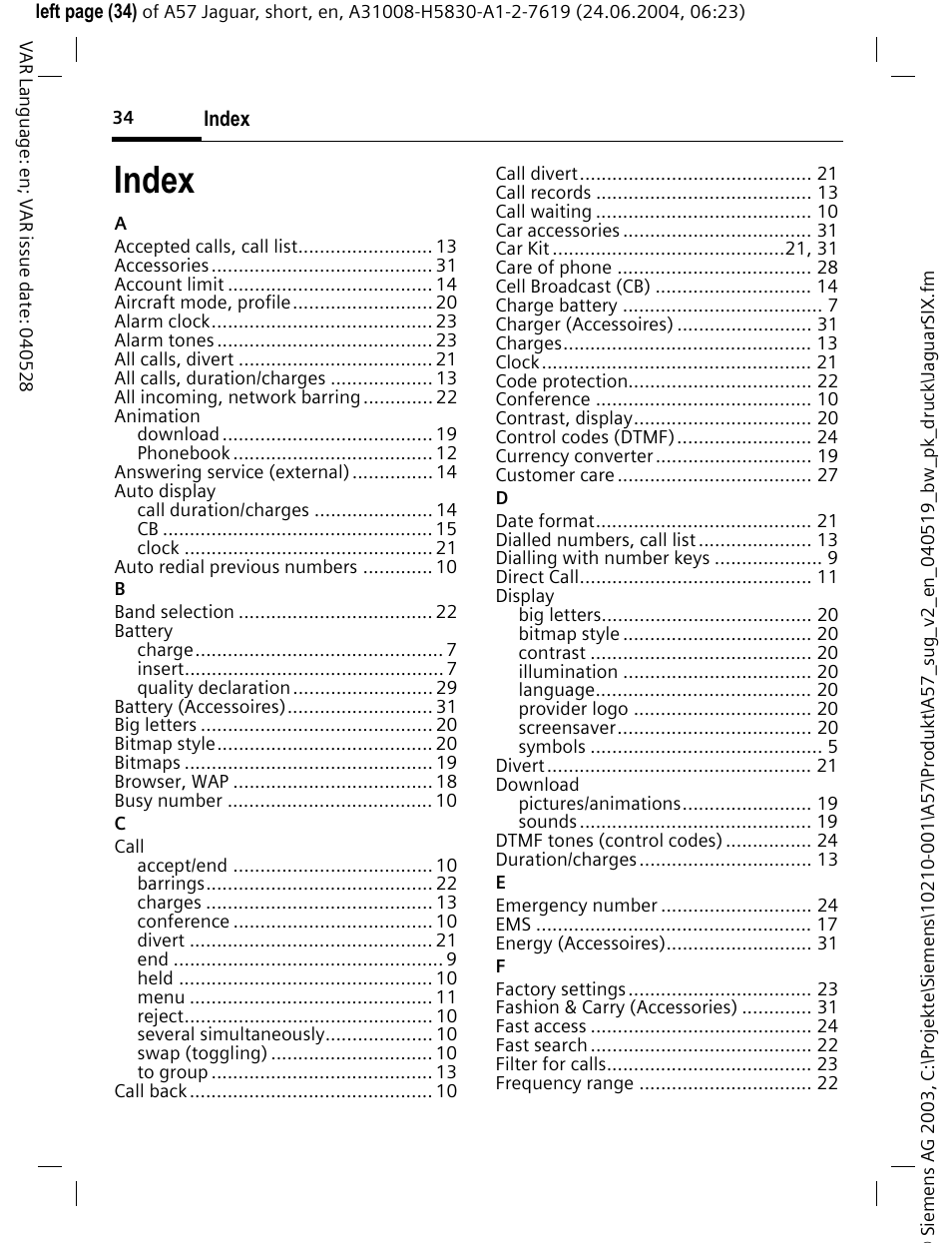 Index | Siemens A57 User Manual | Page 35 / 37