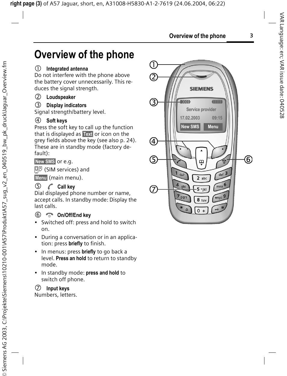 Overview of the phone | Siemens A57 User Manual | Page 4 / 37