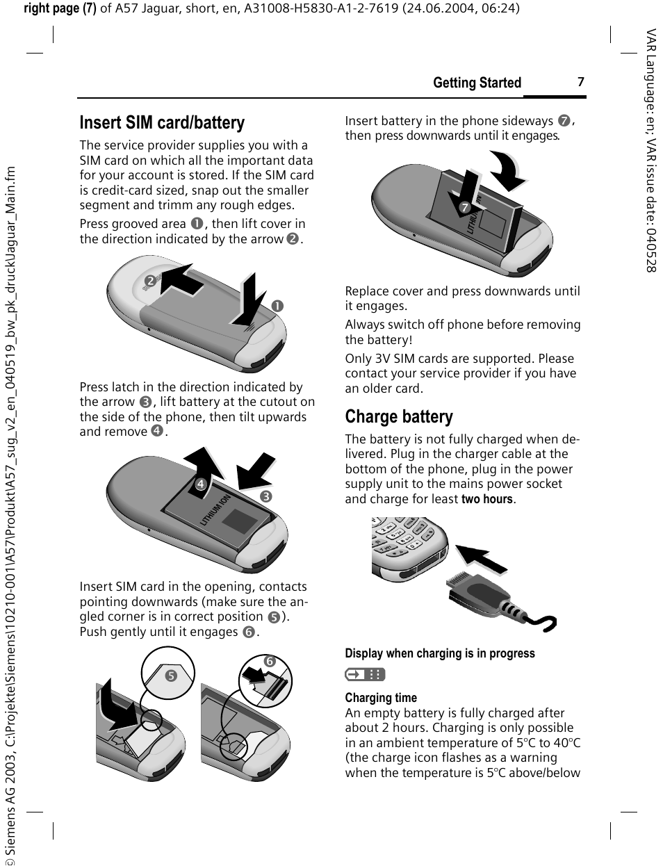 Insert sim card/battery, Charge battery, Pq r s | Siemens A57 User Manual | Page 8 / 37