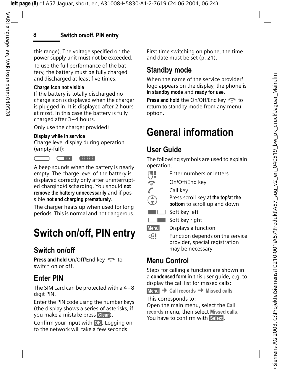 Switch on/off, pin entry, General information, User guide | Menu control, Switch on/off, Enter pin, Standby mode, A d g | Siemens A57 User Manual | Page 9 / 37