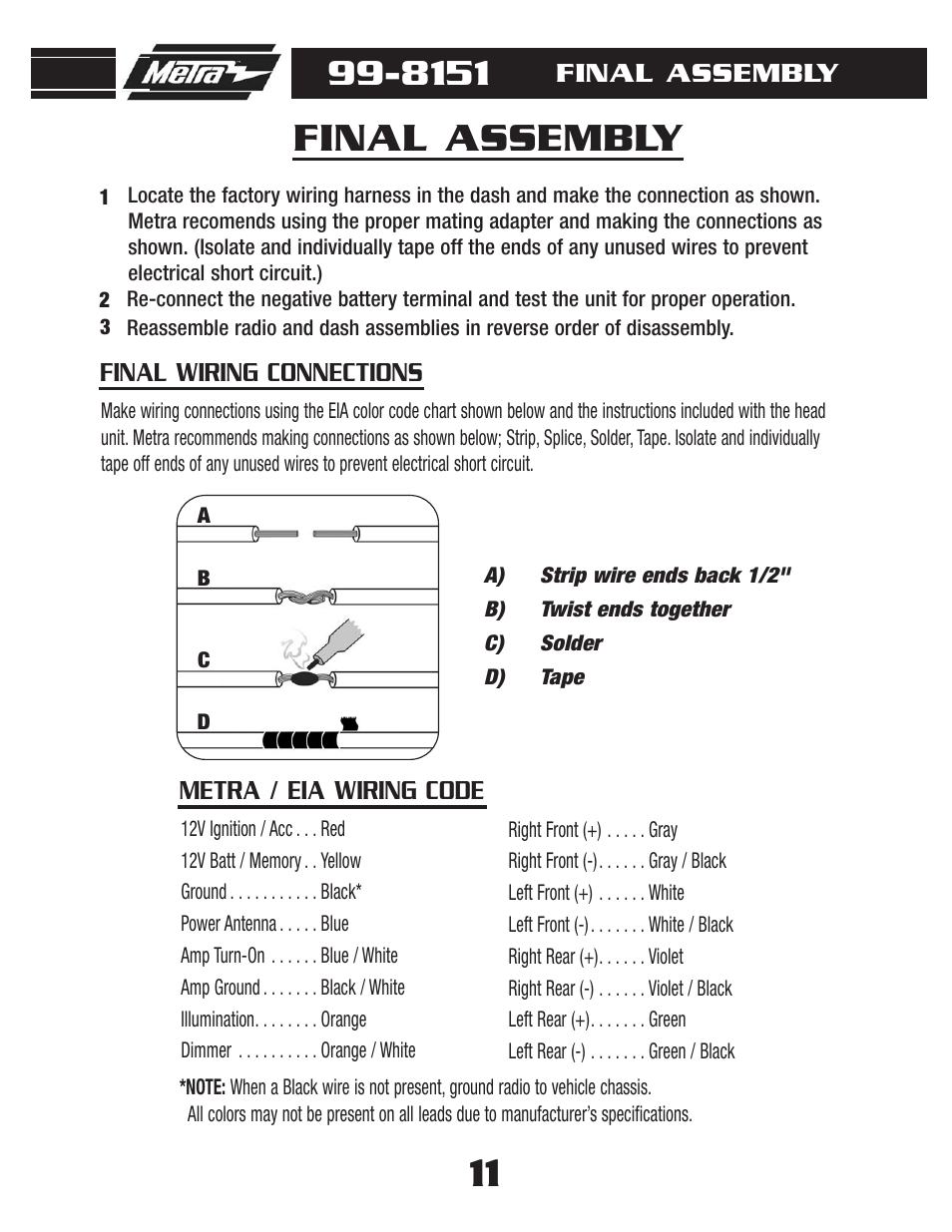 Final assembly, Metra / eia wiring code final wiring connections | Metra Electronics LEXUS 99-8151 User Manual | Page 13 / 16