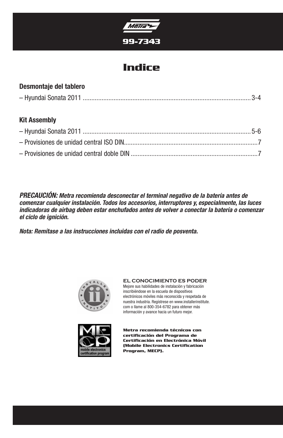 Indice, Precaución | Metra Electronics 99-7343 User Manual | Page 10 / 16