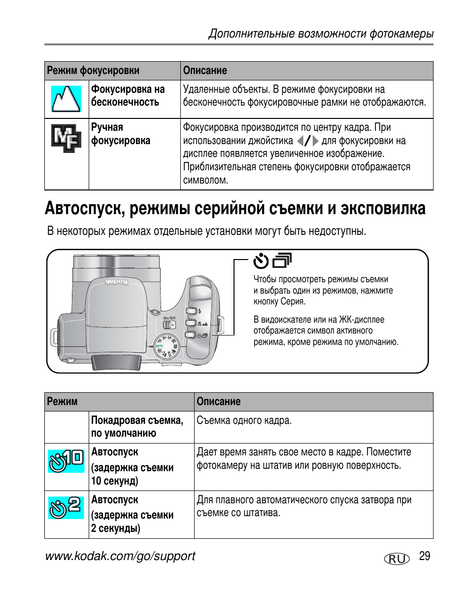 Автоспуск, режимы серийной съемки и эксповилка | Kodak Z612 User Manual | Page 35 / 101